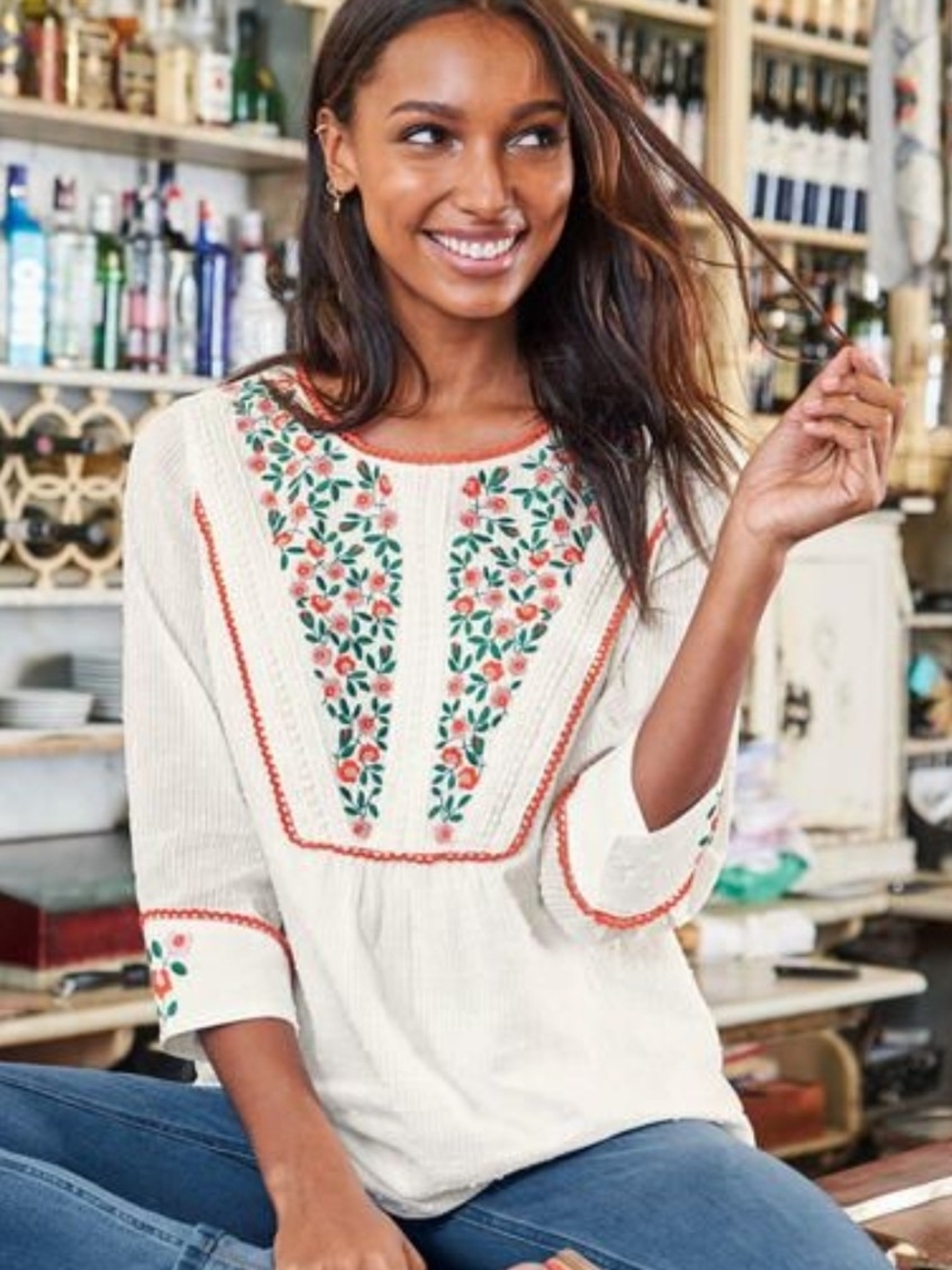 Boden Kelsey Ivory Swiss Dot  Embroidered Top 3/4 Sleeve Peasant Boho US 6